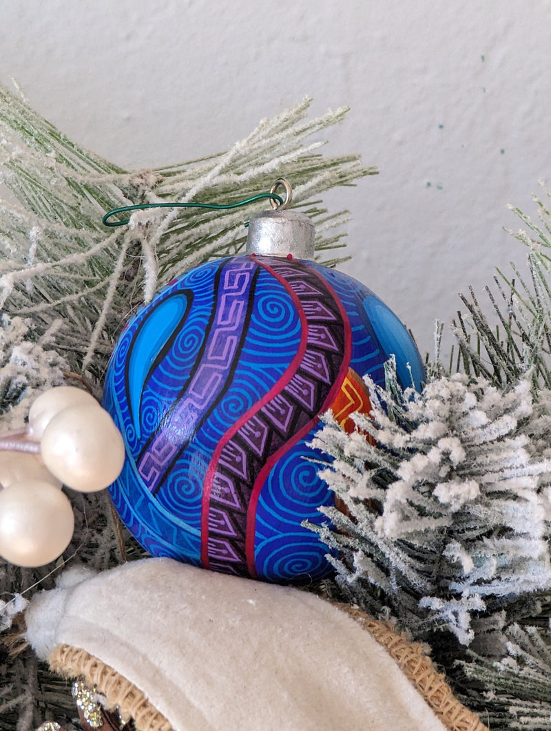 Christmas Tree Ornaments, Hand Painted Wood Ornament for Christmas Tree is Mexican Christmas Decor of festive holiday patterns & bold colors