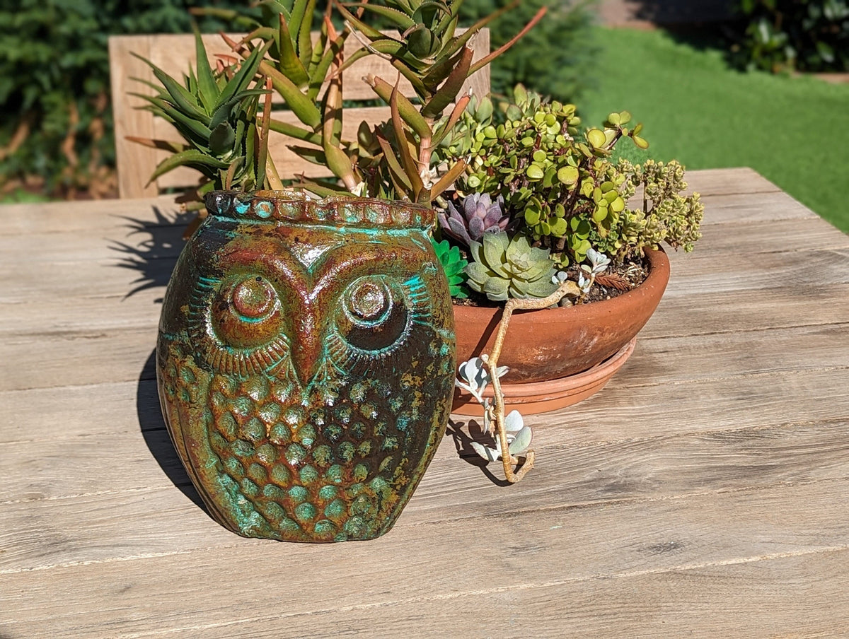 Mexican Owl Planter Pot for Indoor Home Decor or Outdoor Garden Decorations, Medium Owl, Reddish Brown
