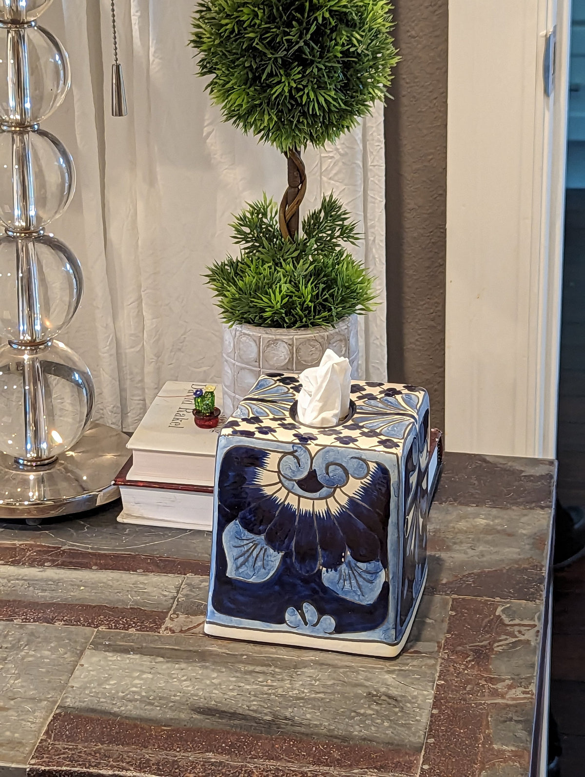 Facial Tissue Holder, Square Tissue Box, Talavera Pottery, Handmade in Mexico, 6" Tall Tissue Case, Blue & White