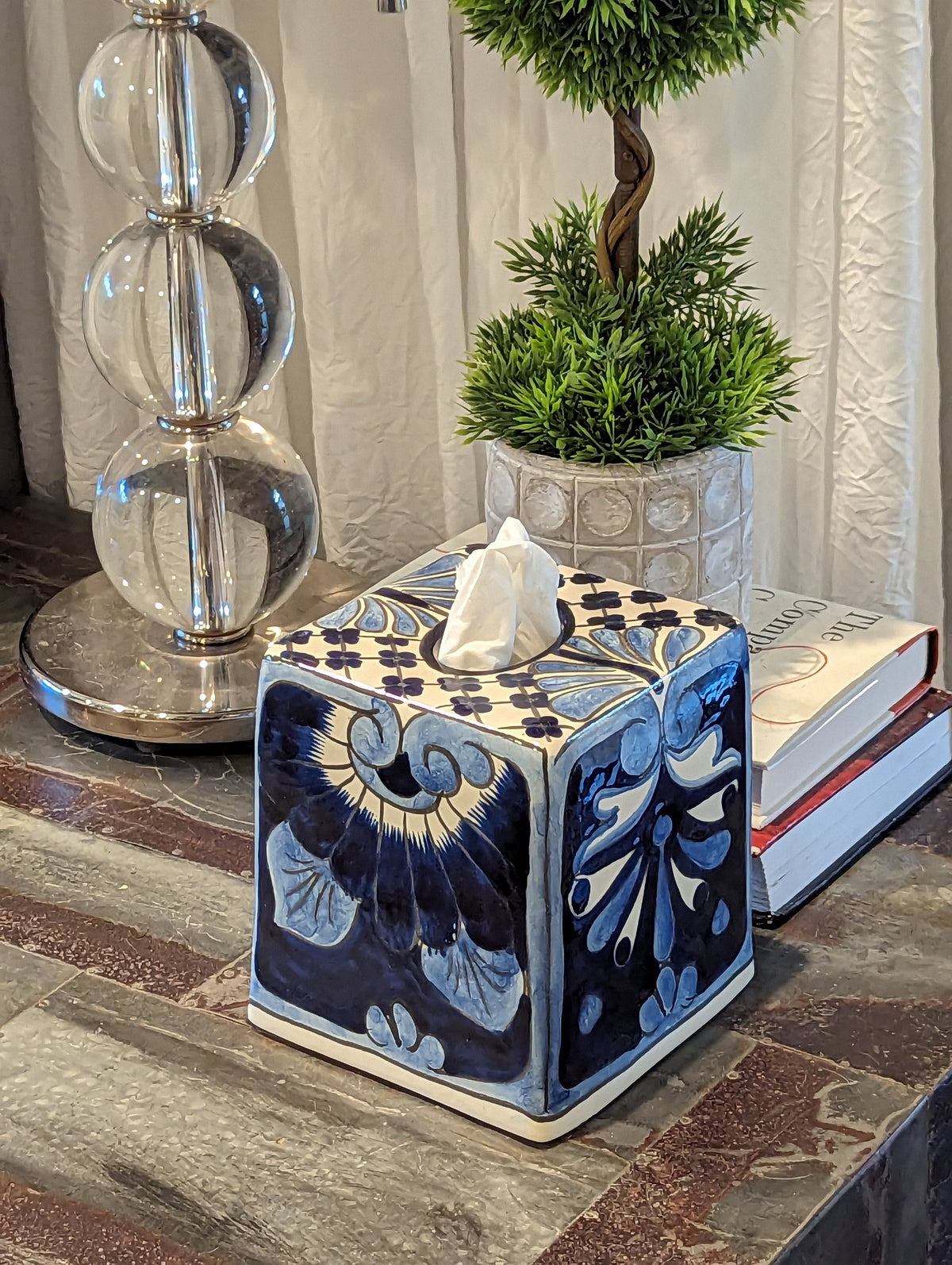 Facial Tissue Holder, Square Tissue Box, Talavera Pottery, Handmade in Mexico, 6" Tall Tissue Case, Blue & White