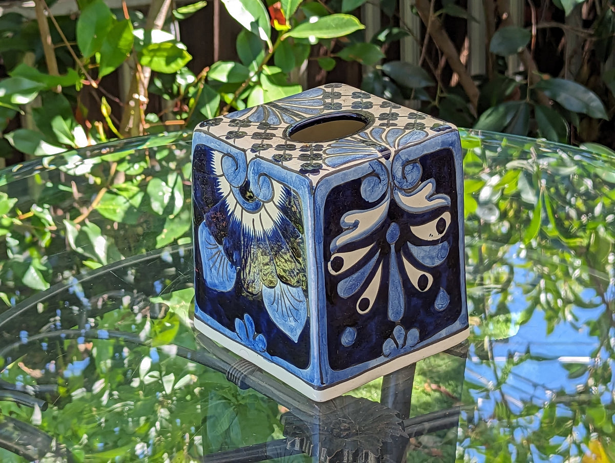 Facial Tissue Holder, Square Tissue Box, Talavera Pottery, Handmade in Mexico, 6" Tall Tissue Case, Blue & White