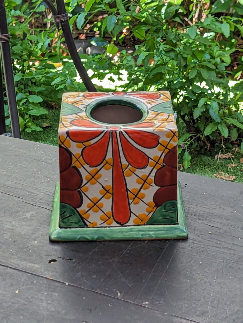 Facial Tissue Holder, Square Tissue Box, Talavera Pottery, Handmade in Mexico, 5" Tall Tissue Case, Green & Red