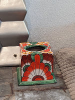 Facial Tissue Holder, Square Tissue Box, Talavera Pottery, Handmade in Mexico, 5" Tall Tissue Case, Green & Red