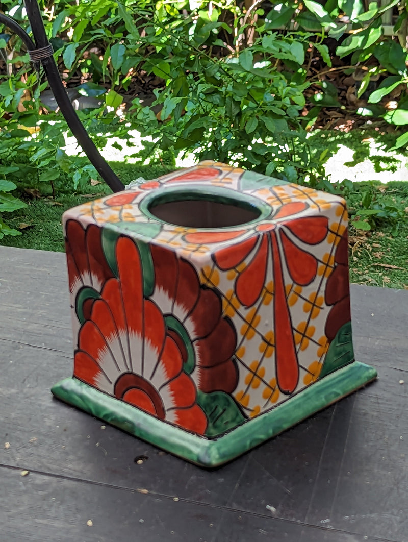 Facial Tissue Holder, Square Tissue Box, Talavera Pottery, Handmade in Mexico, 5" Tall Tissue Case, Green & Red