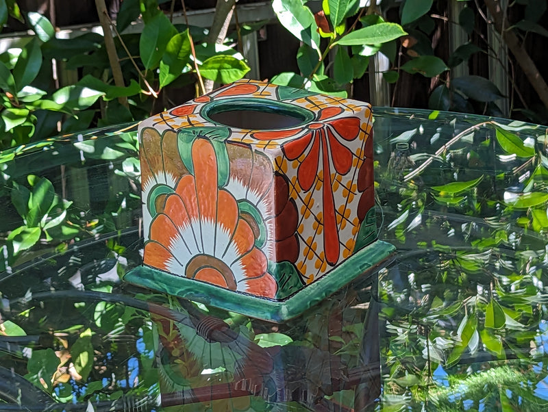 Facial Tissue Holder, Square Tissue Box, Talavera Pottery, Handmade in Mexico, 5" Tall Tissue Case, Green & Red