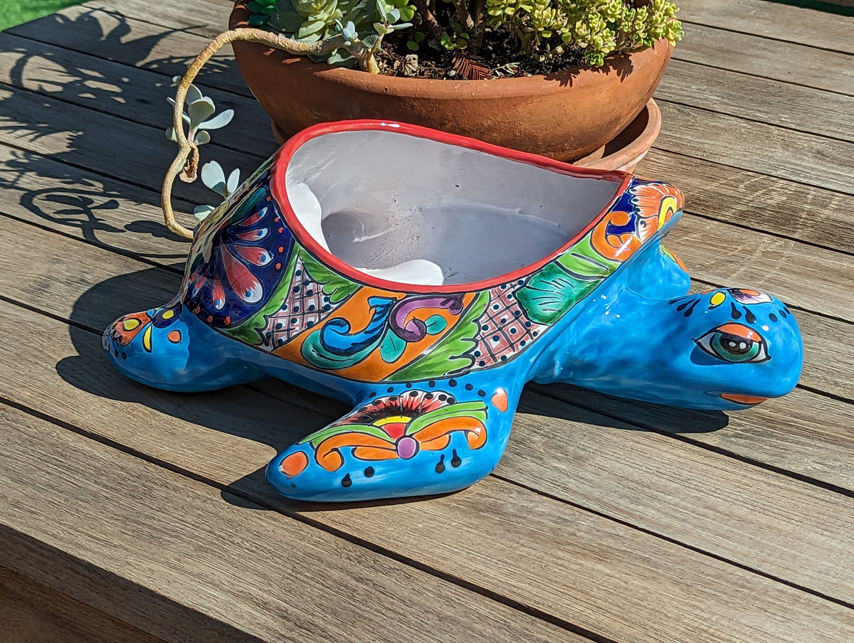 Talavera Turtle Planter, Handmade Mexican Pottery for Succulents or Flowers or Garden Decor, Ceramic Flower Pot for Outdoor or Home Decor
