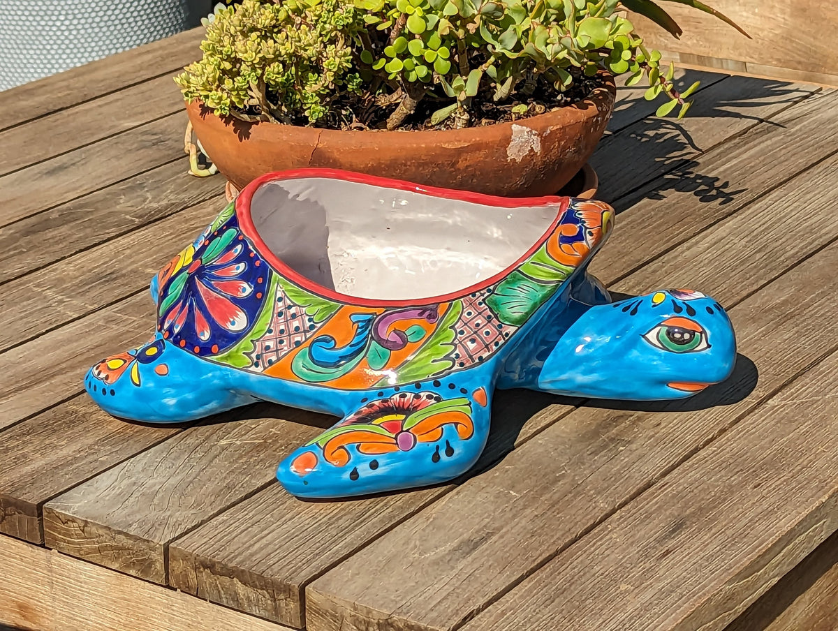 Talavera Turtle Planter, Handmade Mexican Pottery for Succulents or Flowers or Garden Decor, Ceramic Flower Pot for Outdoor or Home Decor