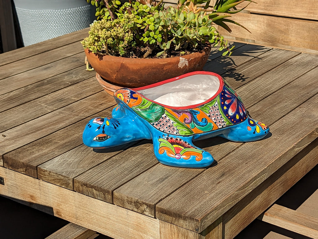 Talavera Turtle Planter, Handmade Mexican Pottery for Succulents or Flowers or Garden Decor, Ceramic Flower Pot for Outdoor or Home Decor