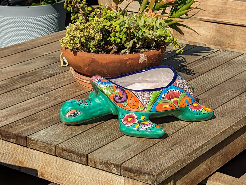 Talavera Turtle Planter, Handmade Mexican Pottery for Succulents or Flowers or Garden Decor, Ceramic Flower Pot for Outdoor or Home Decor