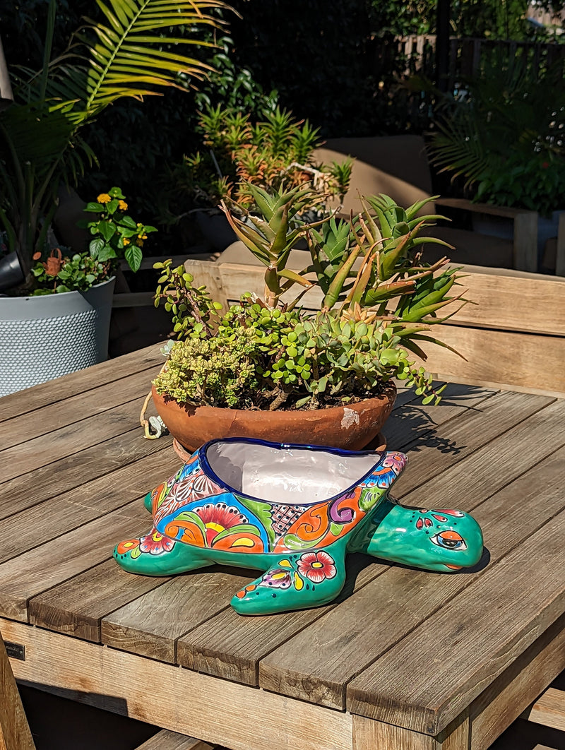 Talavera Turtle Planter, Handmade Mexican Pottery for Succulents or Flowers or Garden Decor, Ceramic Flower Pot for Outdoor or Home Decor