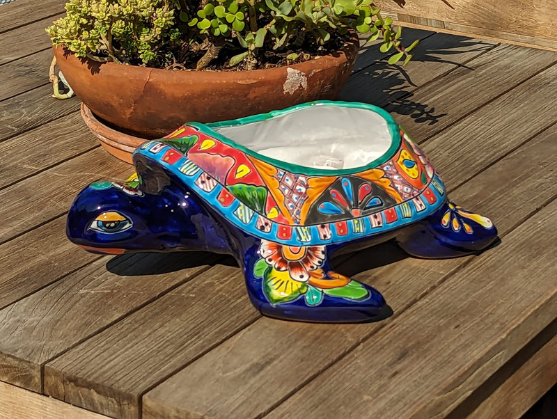 Talavera Turtle Planter, Handmade Mexican Pottery for Succulents or Flowers or Garden Decor, Ceramic Flower Pot for Outdoor or Home Decor