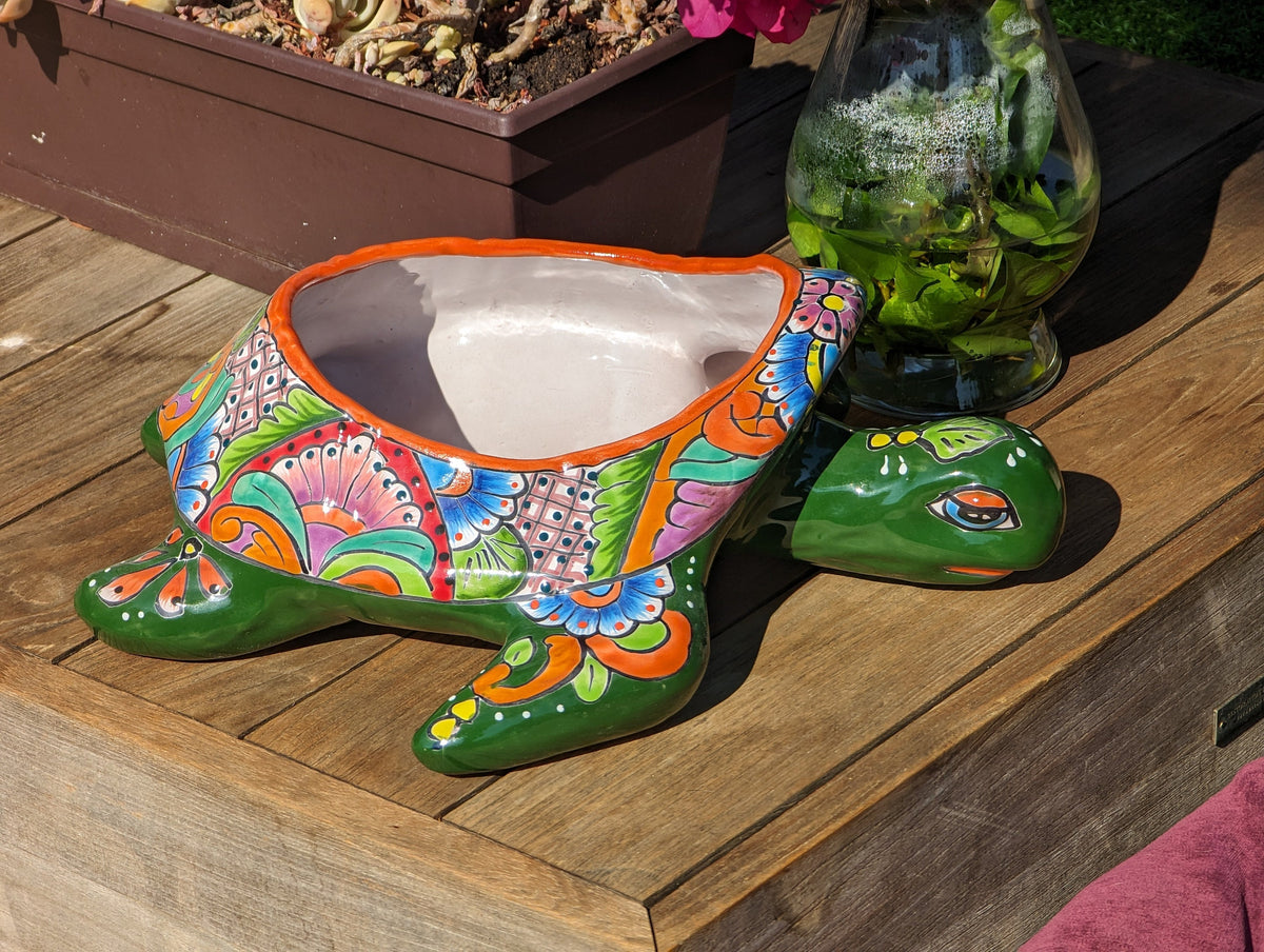 Talavera Turtle Planter, Handmade Mexican Pottery for Succulents or Flowers or Garden Decor, Ceramic Flower Pot for Outdoor or Home Decor