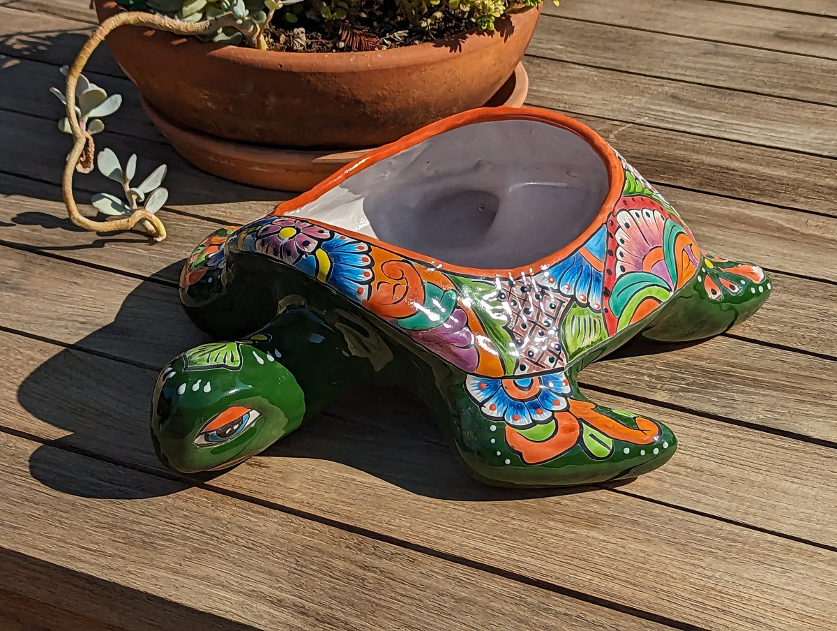 Talavera Turtle Planter, Handmade Mexican Pottery for Succulents or Flowers or Garden Decor, Ceramic Flower Pot for Outdoor or Home Decor