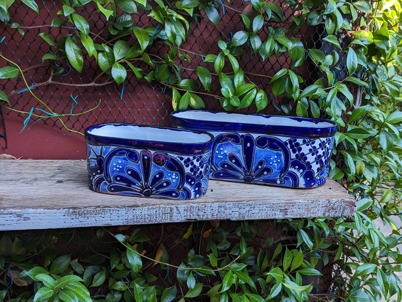 Succulent Planter Boxes, Ceramic Talavera Pottery, Indoor Outdoor Windowsill Planters, Narrow Planters - Set of 2 Blue Pots