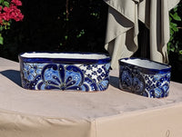 Succulent Planter Boxes, Ceramic Talavera Pottery, Indoor Outdoor Windowsill Planters, Narrow Planters - Set of 2 Blue Pots