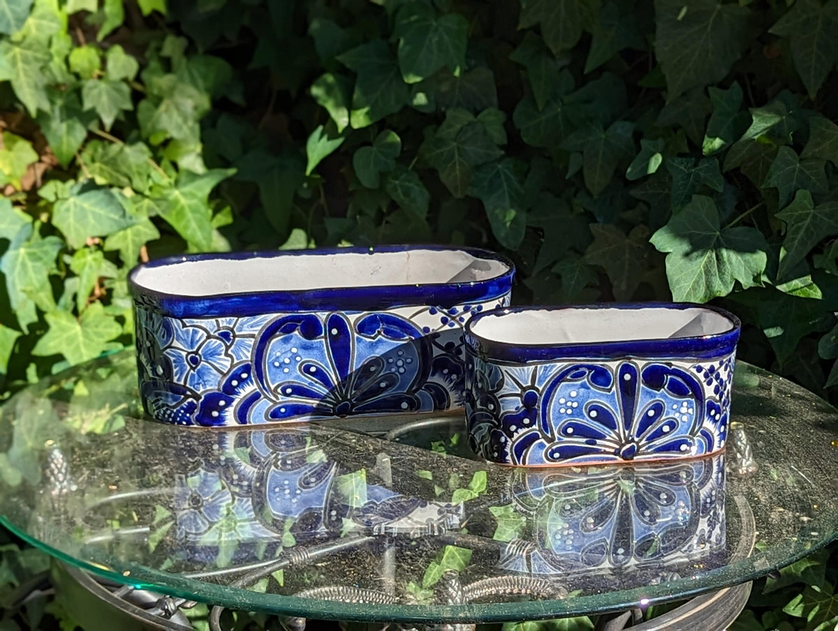 Succulent Planter Boxes, Ceramic Talavera Pottery, Indoor Outdoor Windowsill Planters, Narrow Planters - Set of 2 Blue Pots