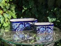 Succulent Planter Boxes, Ceramic Talavera Pottery, Indoor Outdoor Windowsill Planters, Narrow Planters - Set of 2 Blue Pots