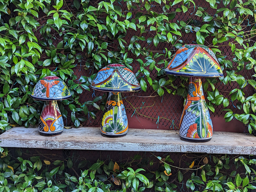 Pre-order | Mushroom Garden Decor & Yard Art, Ships 9-1 | Ceramic Talavera Pottery, Hummingbird Home Decor, 3 Toadstools Handmade in Mexico