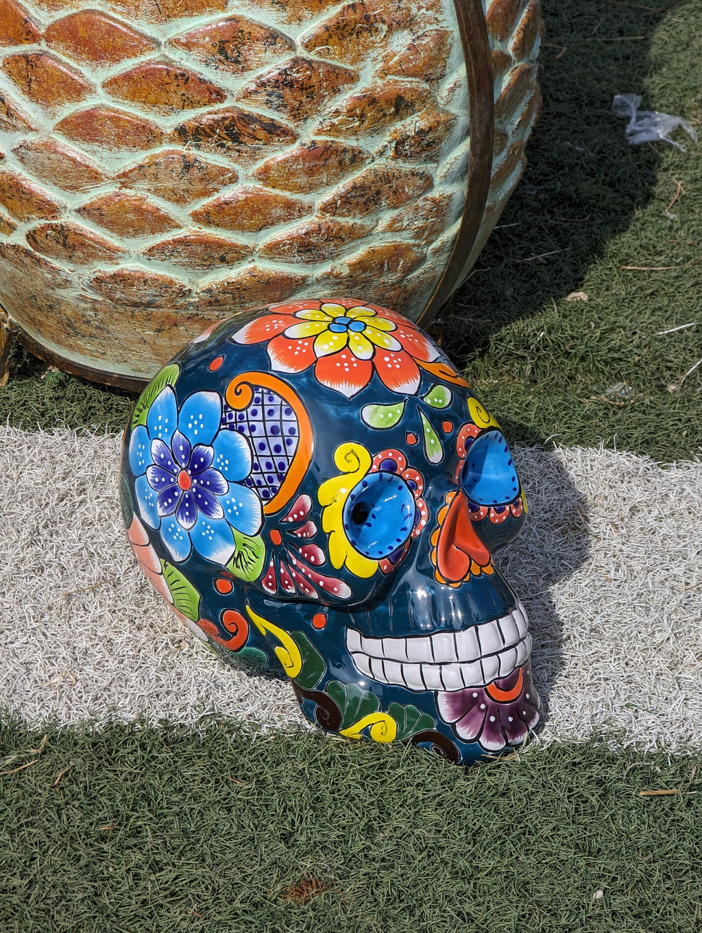 Halloween Skull Decor for Trick or Treat or Halloween Party, Holiday Decor or Seasonal Yard Decor, Handmade Mexican Talavera Pottery 12" H