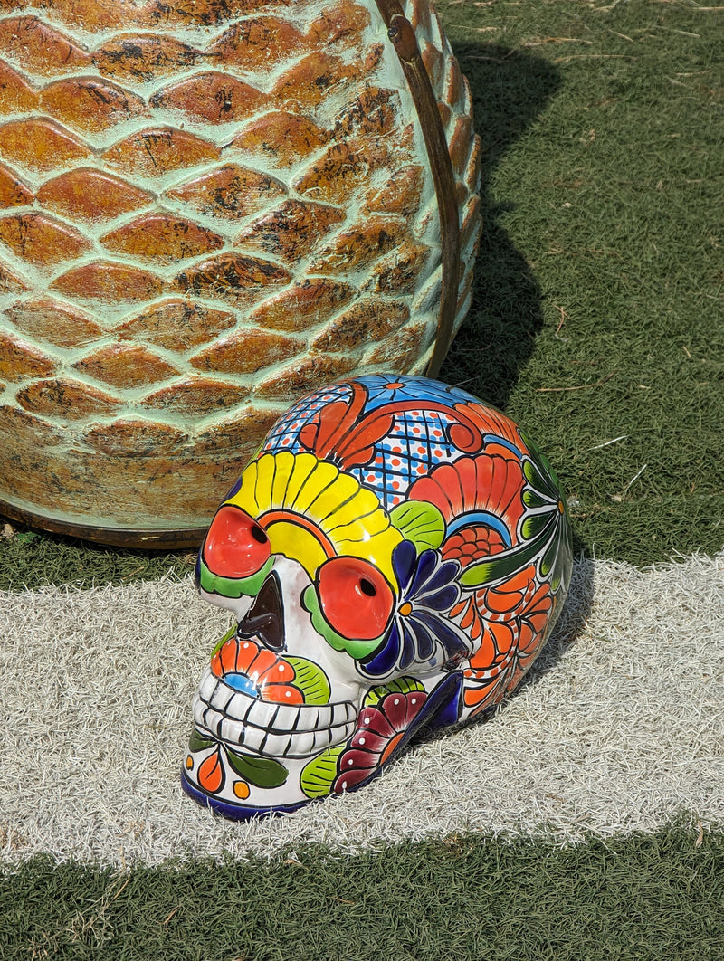 Halloween Skull Decor for Trick or Treat or Halloween Party, Holiday Decor or Seasonal Yard Decor, Handmade Mexican Talavera Pottery 12" H