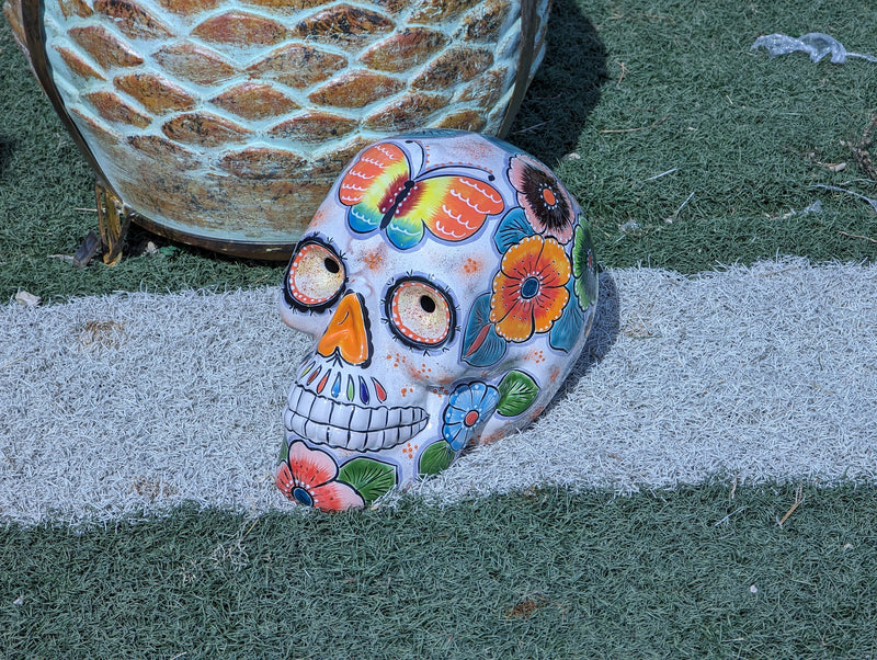 Halloween Skull Decor for Trick or Treat or Halloween Party, Holiday Decor or Seasonal Yard Decor, Handmade Mexican Talavera Pottery 12" H