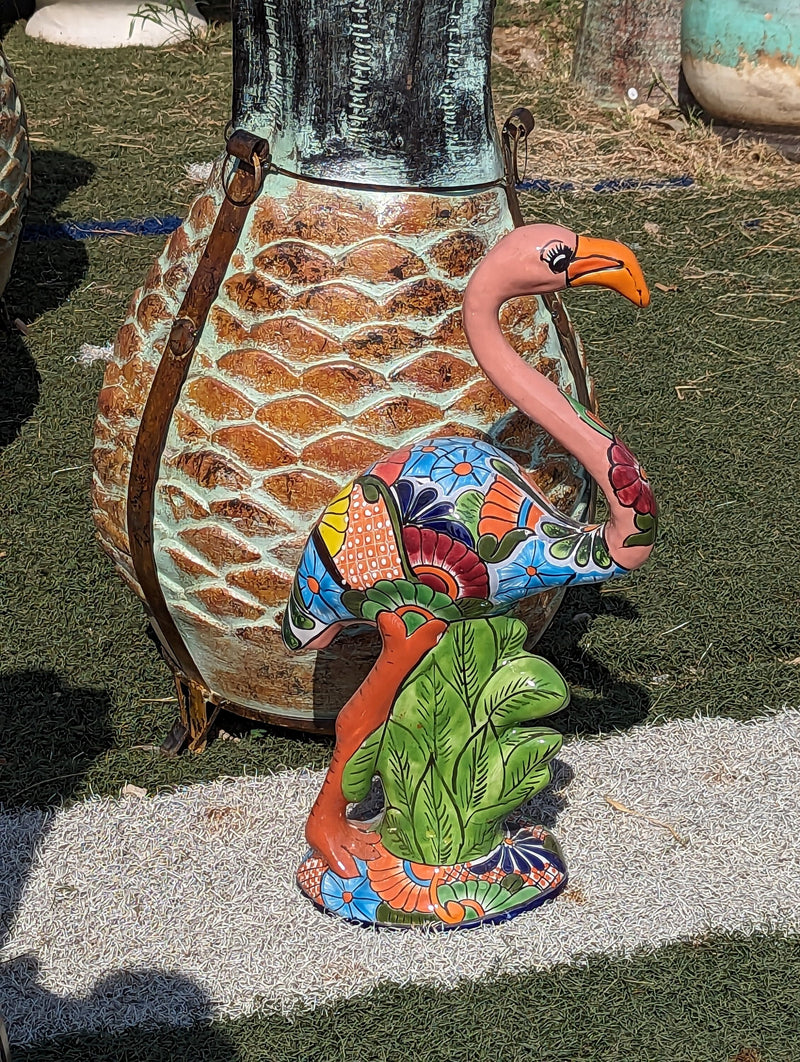 Pink Flamingo Garden Decor & Yard Art, Talavera Pottery to use as Home Decor, Porch Decoration or Outdoor Decor