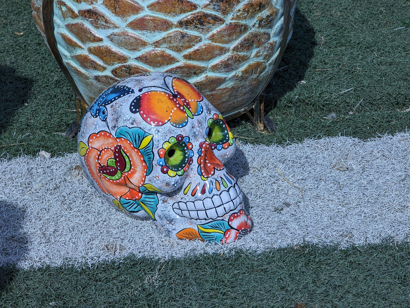 Halloween Skull Decor for Trick or Treat or Halloween Party, Holiday Decor or Seasonal Yard Decor, Handmade Mexican Talavera Pottery 12" H