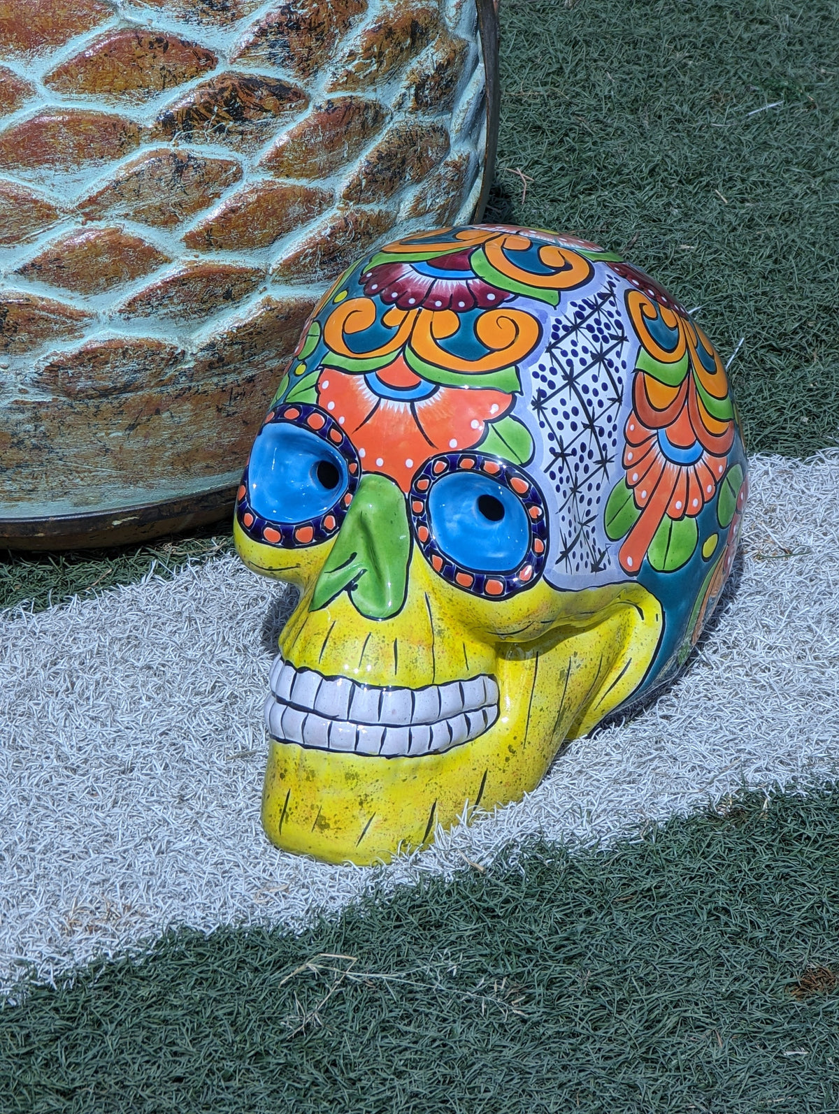 Halloween Skull Decor for Trick or Treat or Halloween Party, Holiday Decor or Seasonal Yard Decor, Handmade Mexican Talavera Pottery 12" H