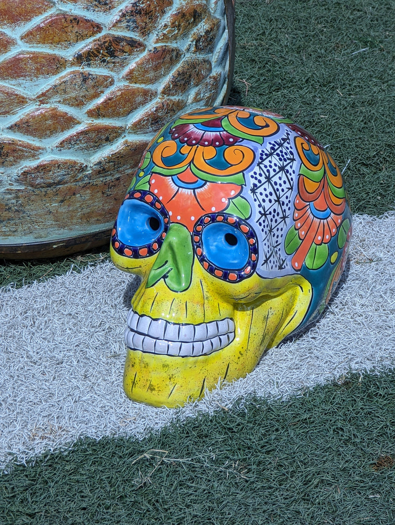 Halloween Skull Decor for Trick or Treat or Halloween Party, Holiday Decor or Seasonal Yard Decor, Handmade Mexican Talavera Pottery 12" H