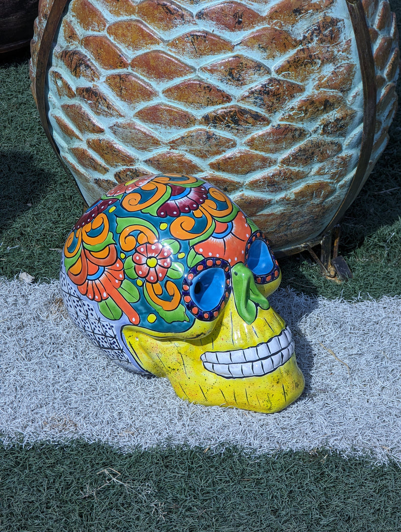 Halloween Skull Decor for Trick or Treat or Halloween Party, Holiday Decor or Seasonal Yard Decor, Handmade Mexican Talavera Pottery 12" H