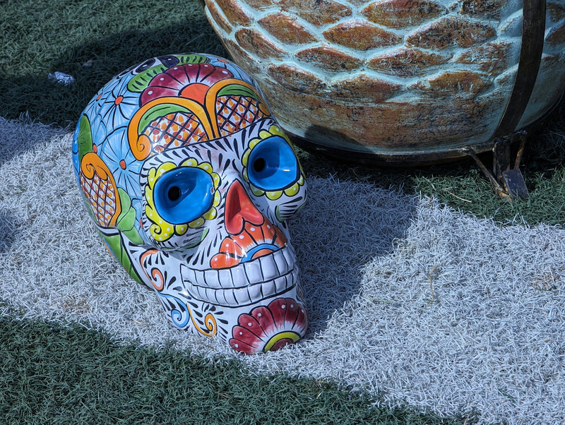 Halloween Skull Decor for Trick or Treat or Halloween Party, Holiday Decor or Seasonal Yard Decor, Handmade Mexican Talavera Pottery 12" H