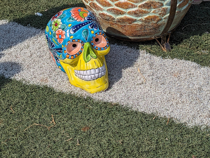 Halloween Skull Decor for Trick or Treat or Halloween Party, Holiday Decor or Seasonal Yard Decor, Handmade Mexican Talavera Pottery 12" H