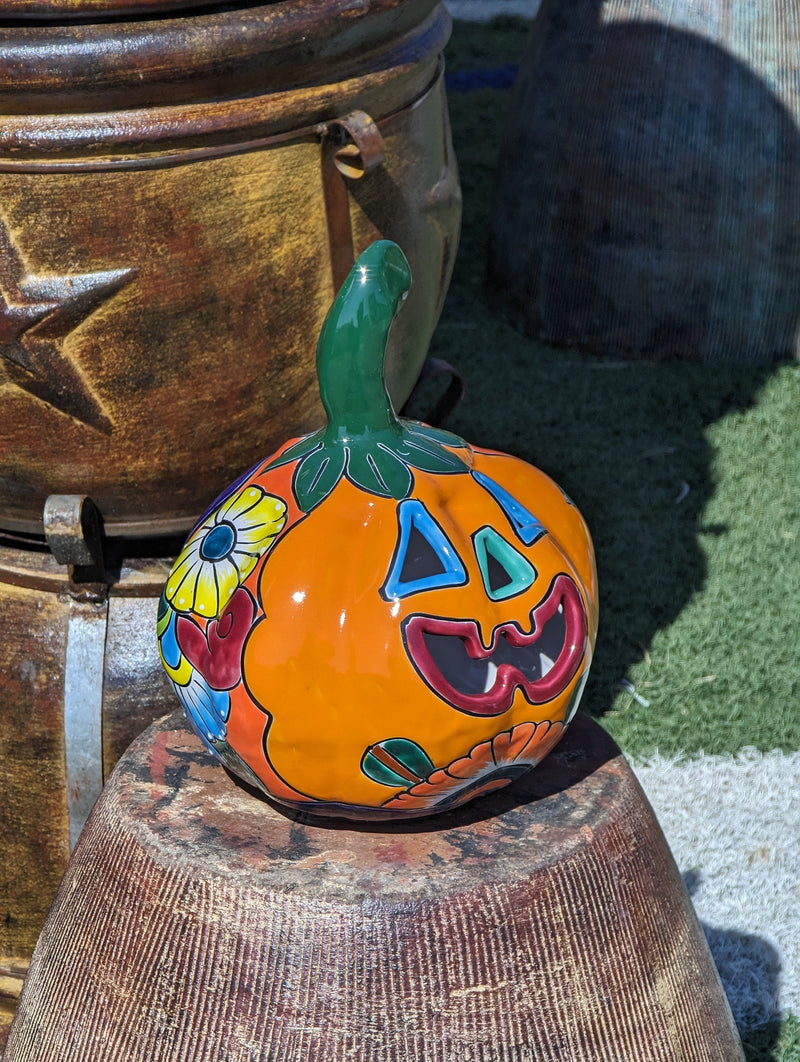 Halloween Pumpkin Decor Jack-o-Lantern for Trick or Treat Party, Holiday Decor or Seasonal Yard Decor, Handmade Mexican Talavera Pottery