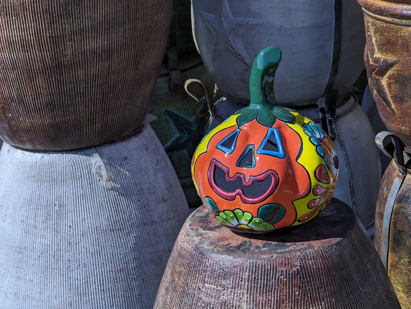 Halloween Pumpkin Decor, Jack-o-Lantern for Trick or Treat Party, Holiday Decor or Seasonal Yard Decor, Handmade Mexican Talavera Pottery