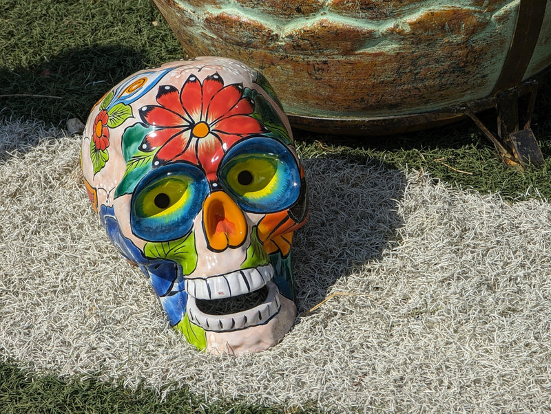 Halloween Skull Decor for Trick or Treat or Halloween Party, Holiday Decor or Seasonal Yard Decor, Handmade Mexican Talavera Pottery 9.5" H