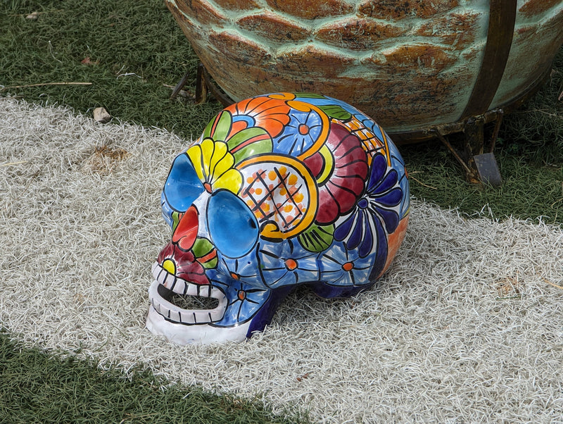 Halloween Skull Decor for Trick or Treat or Halloween Party, Holiday Decor or Seasonal Yard Decor, Handmade Mexican Talavera Pottery 9.5" H