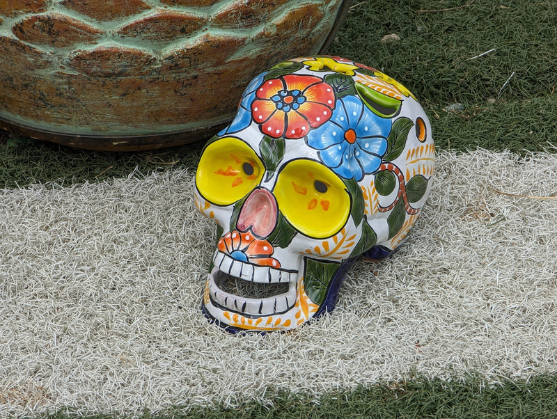 Halloween Skull Decor for Trick or Treat or Halloween Party, Holiday Decor or Seasonal Yard Decor, Handmade Mexican Talavera Pottery 9.5" H