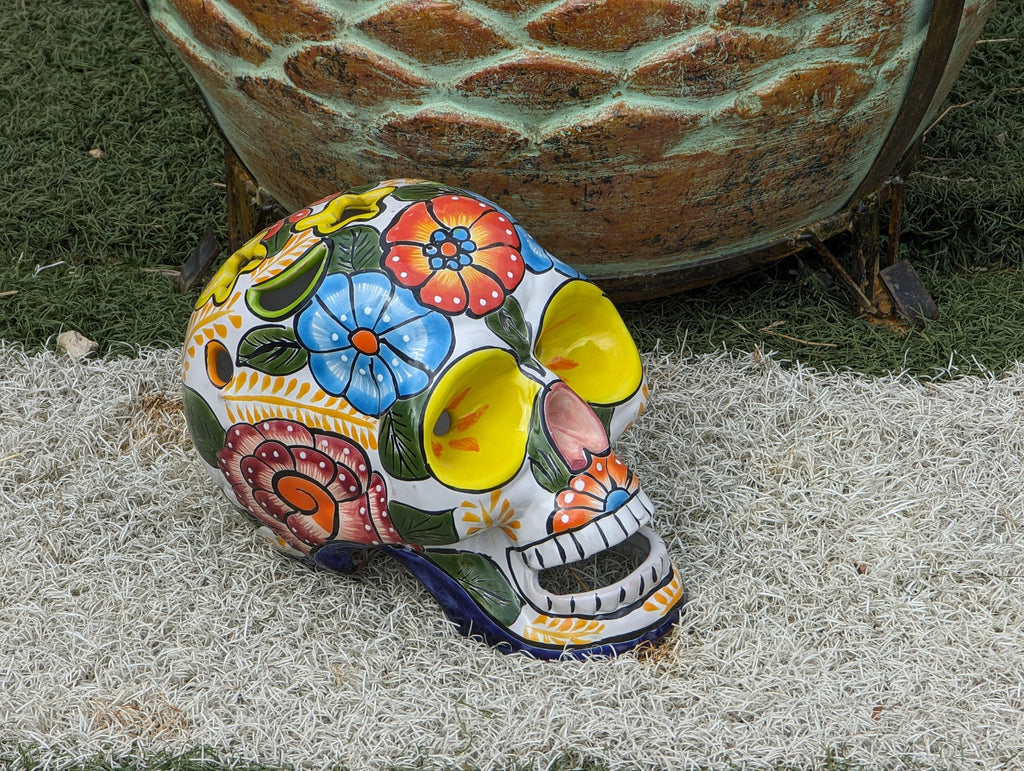 Halloween Skull Decor for Trick or Treat or Halloween Party, Holiday Decor or Seasonal Yard Decor, Handmade Mexican Talavera Pottery 9.5" H