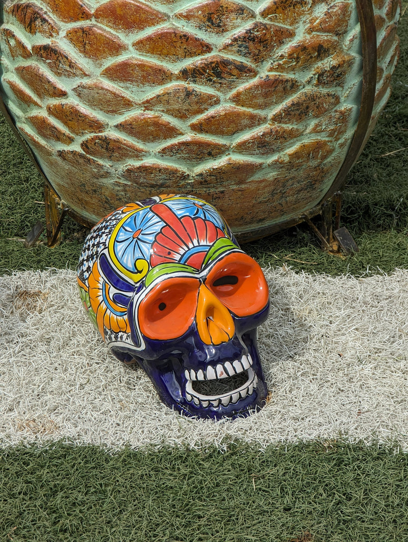 Halloween Skull Decor for Trick or Treat or Halloween Party, Holiday Decor or Seasonal Yard Decor, Handmade Mexican Talavera Pottery 9.5" H