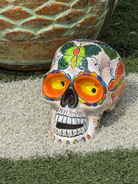 Halloween Skull Decor for Trick or Treat or Halloween Party, Holiday Decor or Seasonal Yard Decor, Handmade Mexican Talavera Pottery 9.5" H
