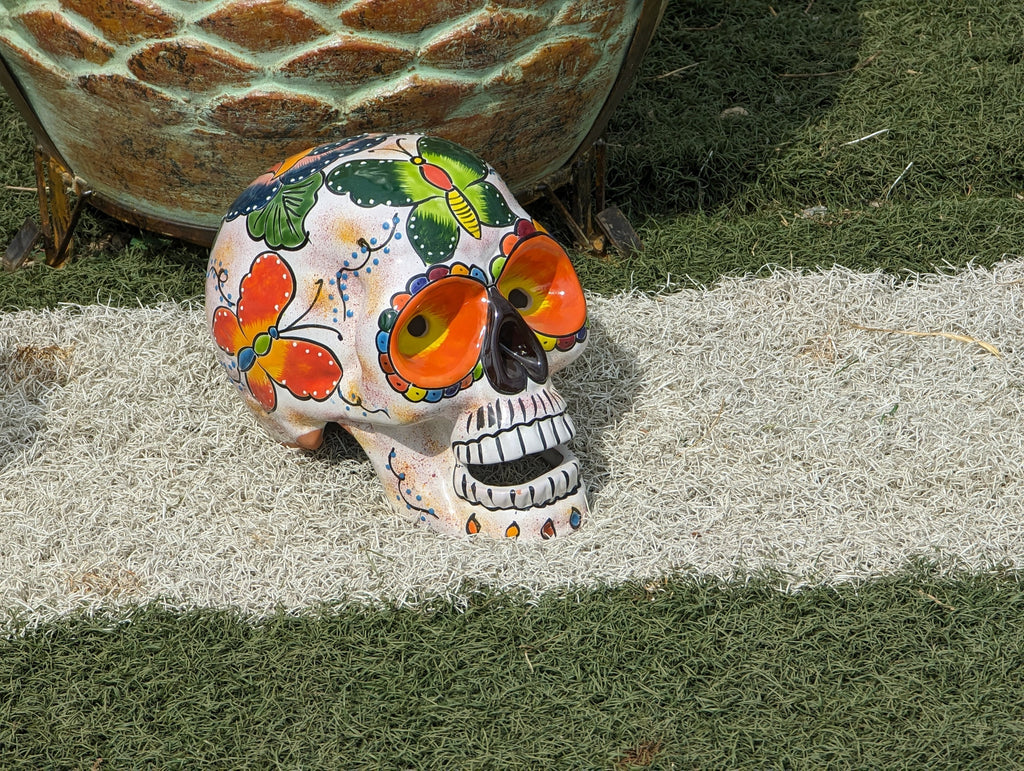 Halloween Skull Decor for Trick or Treat or Halloween Party, Holiday Decor or Seasonal Yard Decor, Handmade Mexican Talavera Pottery 9.5" H