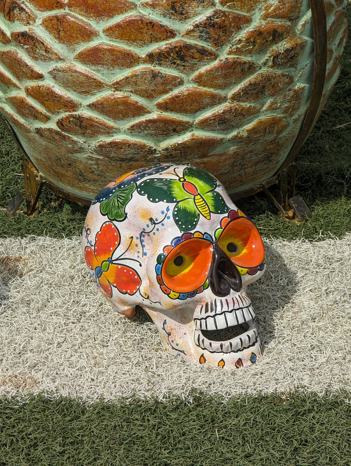Halloween Skull Decor for Trick or Treat or Halloween Party, Holiday Decor or Seasonal Yard Decor, Handmade Mexican Talavera Pottery 9.5" H