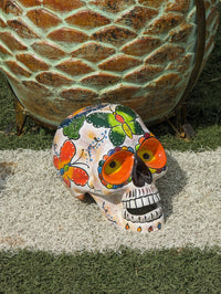 Halloween Skull Decor for Trick or Treat or Halloween Party, Holiday Decor or Seasonal Yard Decor, Handmade Mexican Talavera Pottery 9.5" H