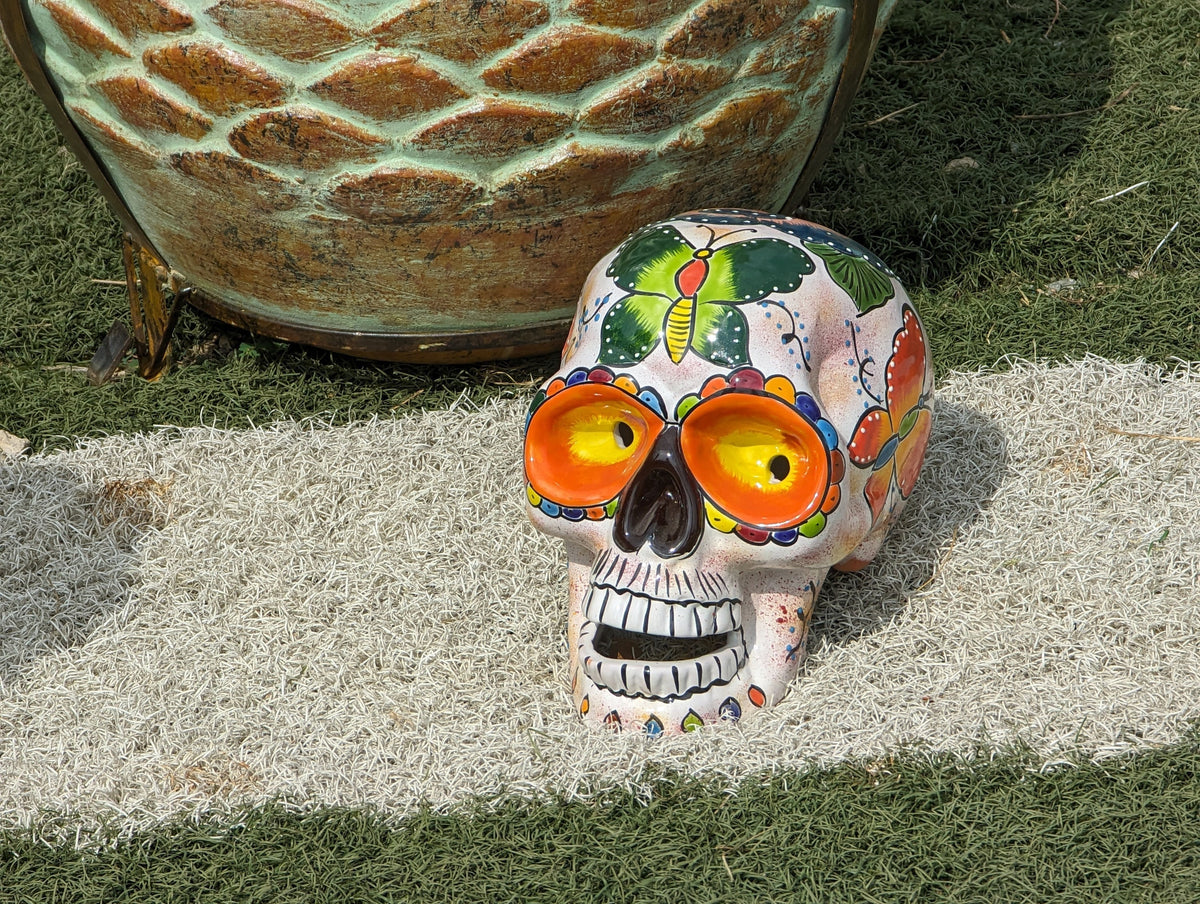 Halloween Skull Decor for Trick or Treat or Halloween Party, Holiday Decor or Seasonal Yard Decor, Handmade Mexican Talavera Pottery 9.5" H