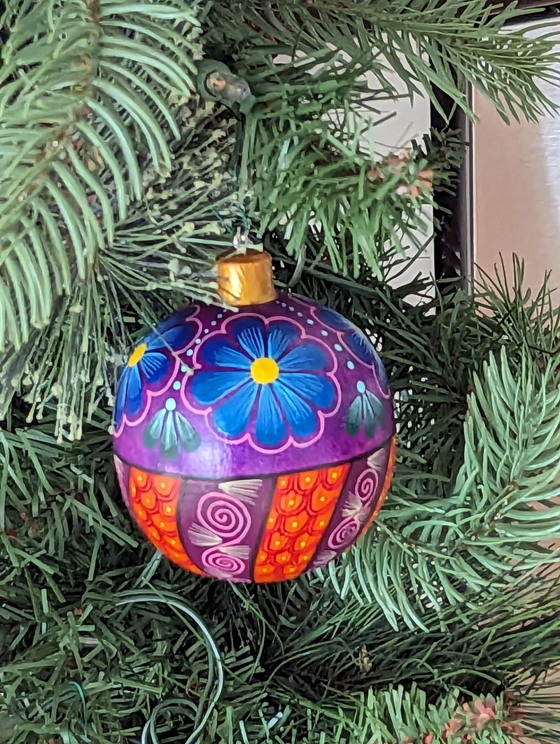 Christmas Tree Ornaments, Hand Painted Wood Ornament for Christmas Tree is Mexican Christmas Decor of festive holiday patterns & bold colors