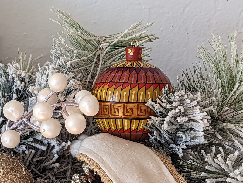 Christmas Tree Ornaments, Hand Painted Wood Ornament for Christmas Tree is Mexican Christmas Decor of festive holiday patterns & bold colors