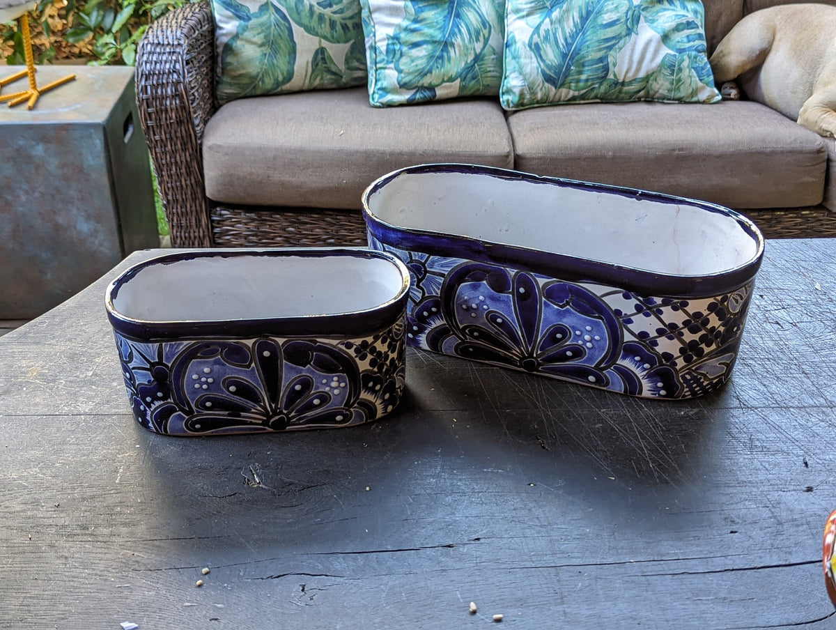 Succulent Planter Boxes, Ceramic Talavera Pottery, Indoor Outdoor Windowsill Planters, Narrow Planters - Set of 2 Blue Pots