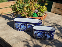 Succulent Planter Boxes, Ceramic Talavera Pottery, Indoor Outdoor Windowsill Planters, Narrow Planters - Set of 2 Blue Pots