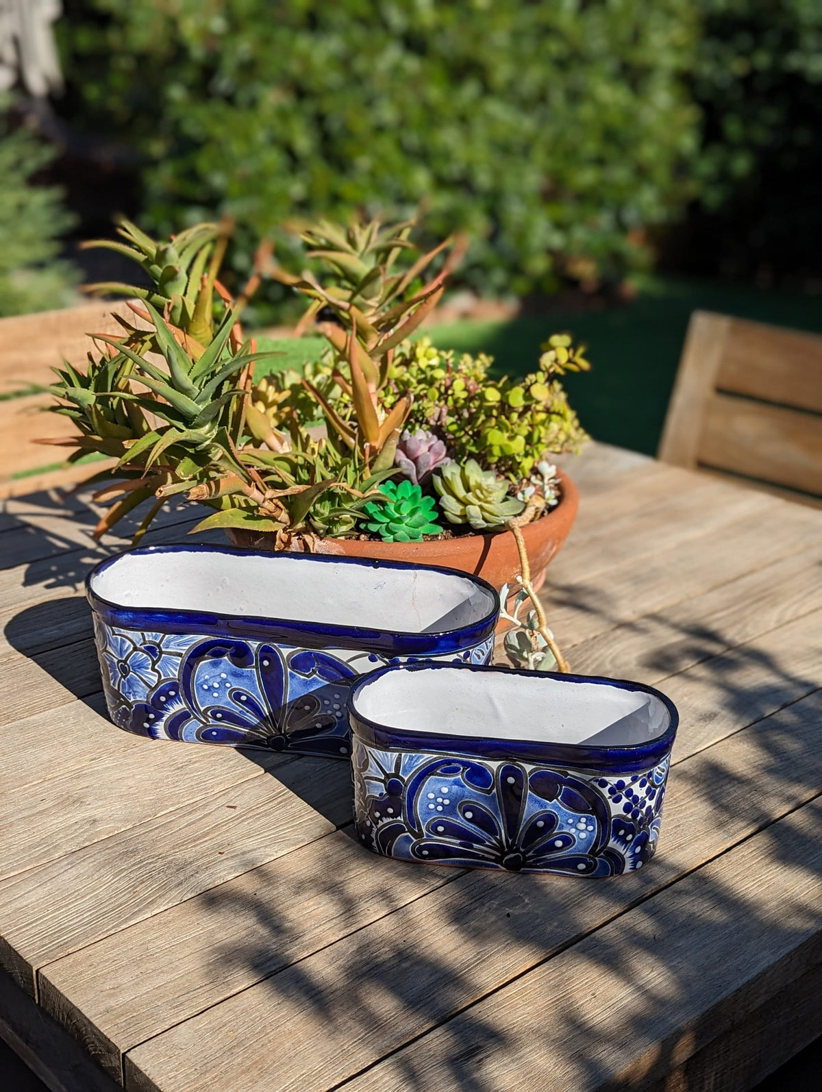 Succulent Planter Boxes, Ceramic Talavera Pottery, Indoor Outdoor Windowsill Planters, Narrow Planters - Set of 2 Blue Pots