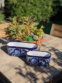 Succulent Planter Boxes, Ceramic Talavera Pottery, Indoor Outdoor Windowsill Planters, Narrow Planters - Set of 2 Blue Pots